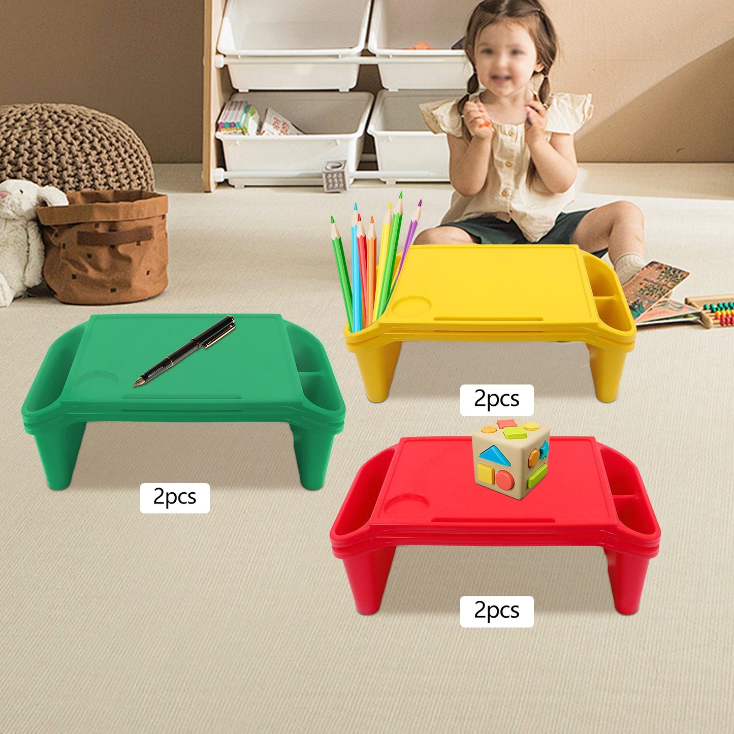 6 Pcs Red Green Yellow Kids Lap Table With Side Storage