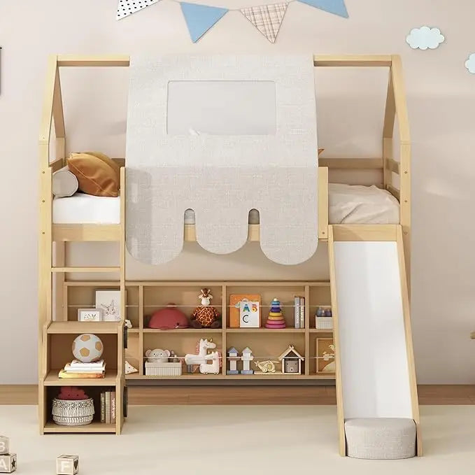 Twin Over Twin Bunk Bed With Drawers Storage Box Shelf Wood