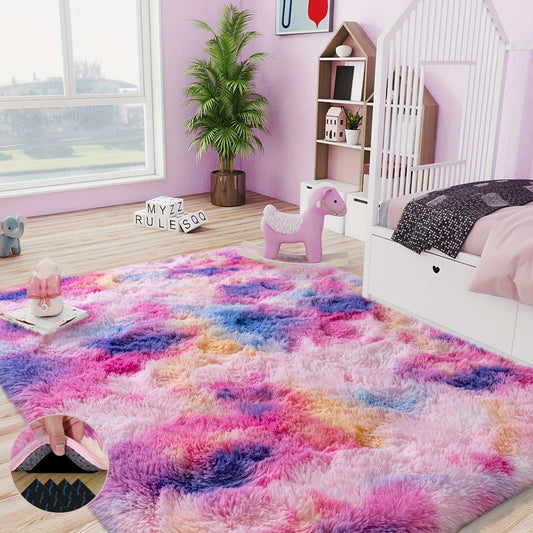 Fluffy Tie Dye Rainbow Carpet For Living Room And Bedroom