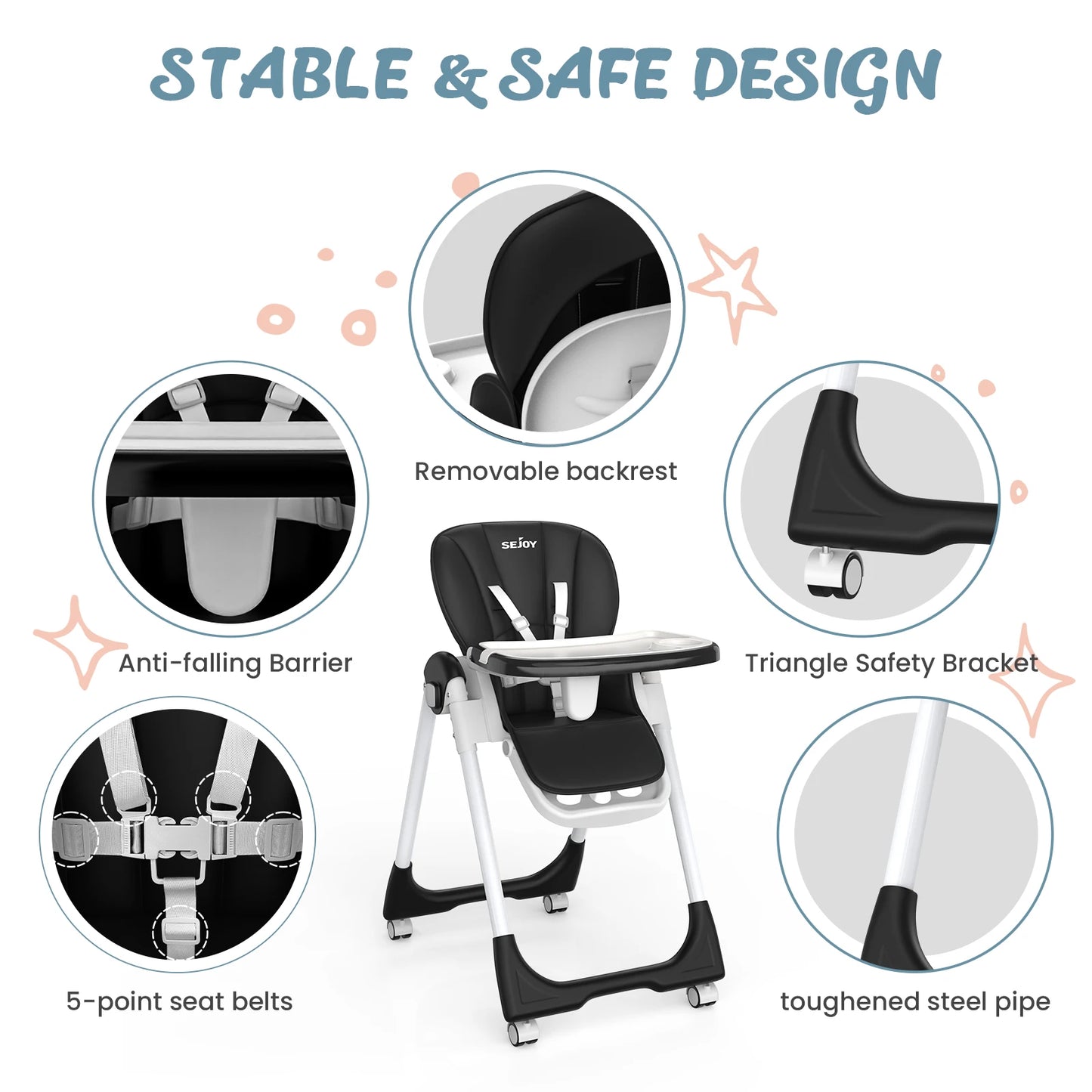 Sejoy Adjustable Baby High Chair with 5 Point Harness 3 Tier Tray and Wheels CE CPC Certified Children's Dining Chair