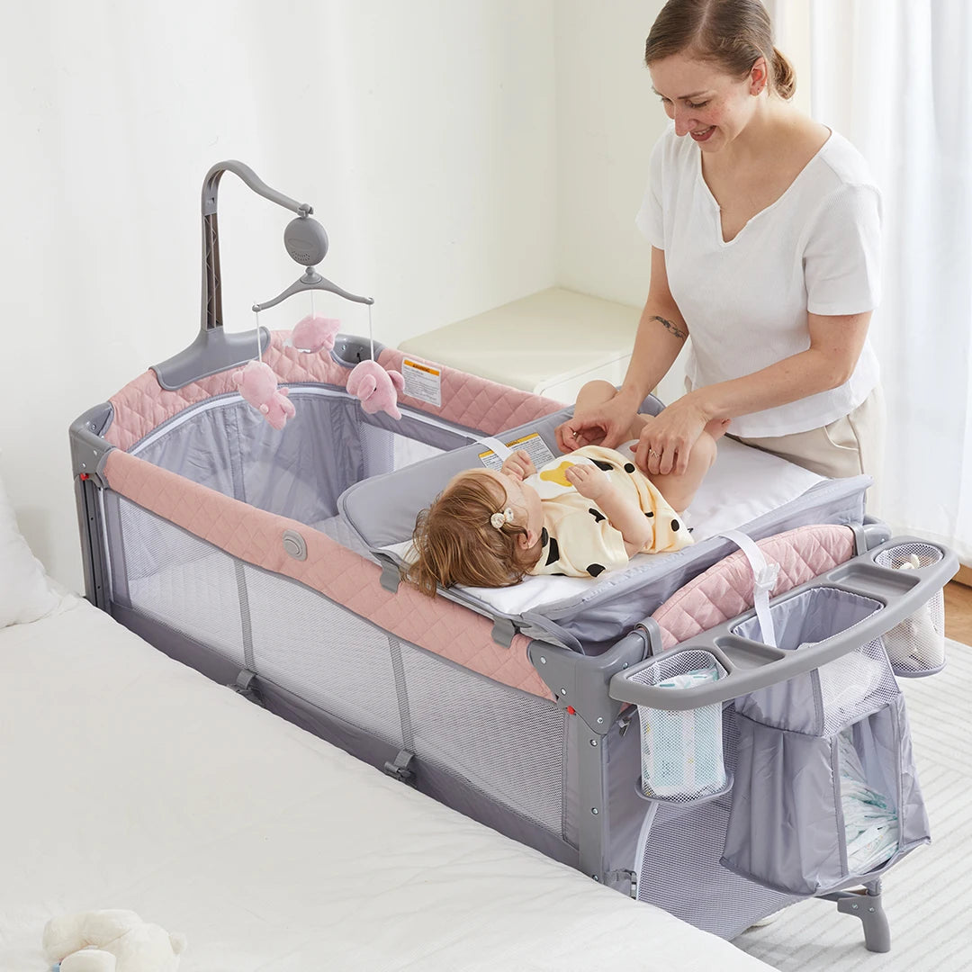 Cheap Hot Sale OEM Adjustable Baby Travel Rollaway Bed Bedside Crib Side Bed with Wheels and Diaper Table for 0 to 3 Years