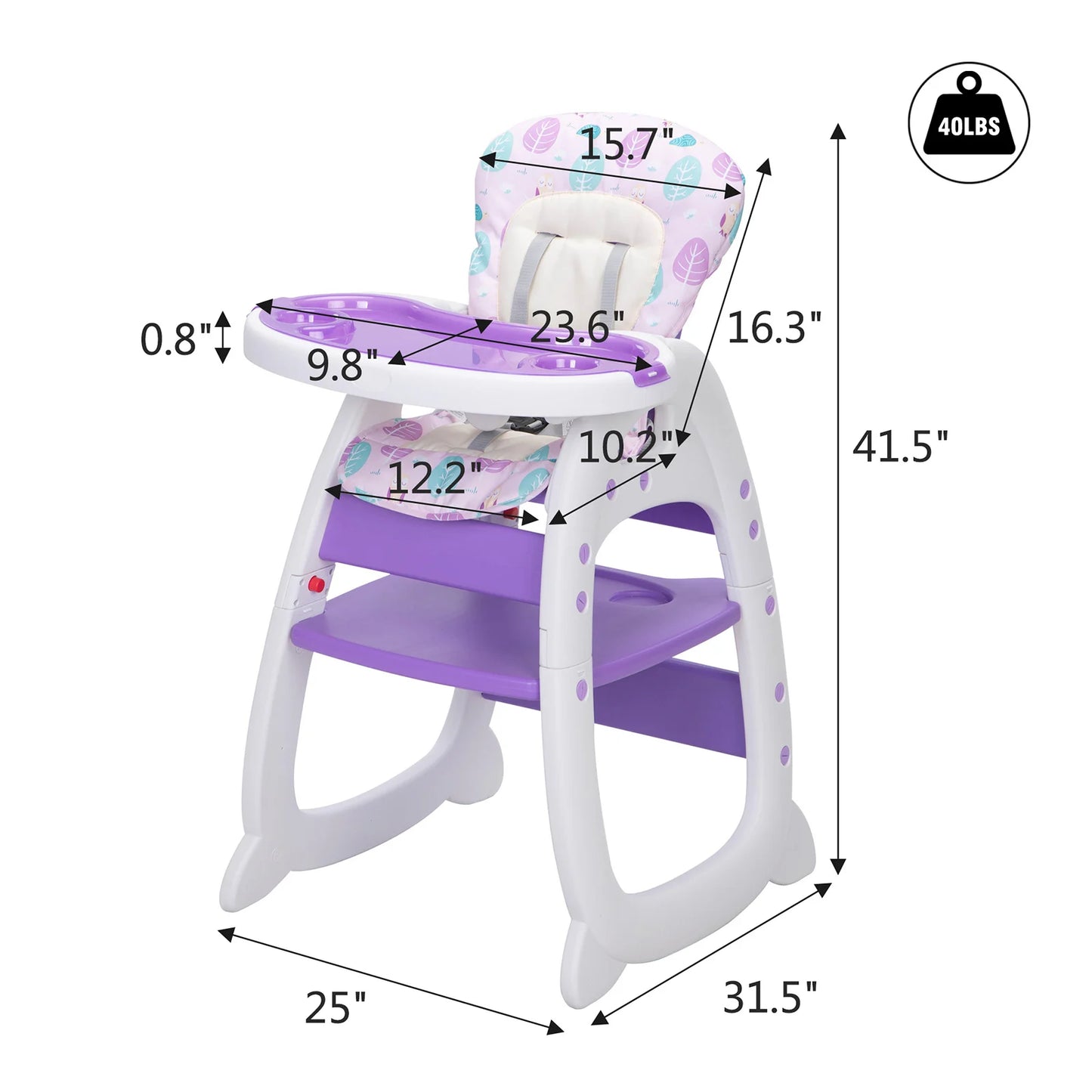 Convertible High Chair for Babies Booster Seat with Safety Belt Feeding Tray Toddler Chair and Table Set Purple and White