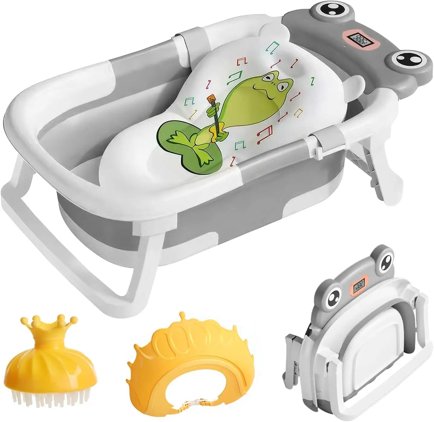 Baby Bath Tub with Bath Cushion Foldable Bathtub with Thermometer Shower Cap and Shower Brush for Newborn and Toddler 0 to 36 Months