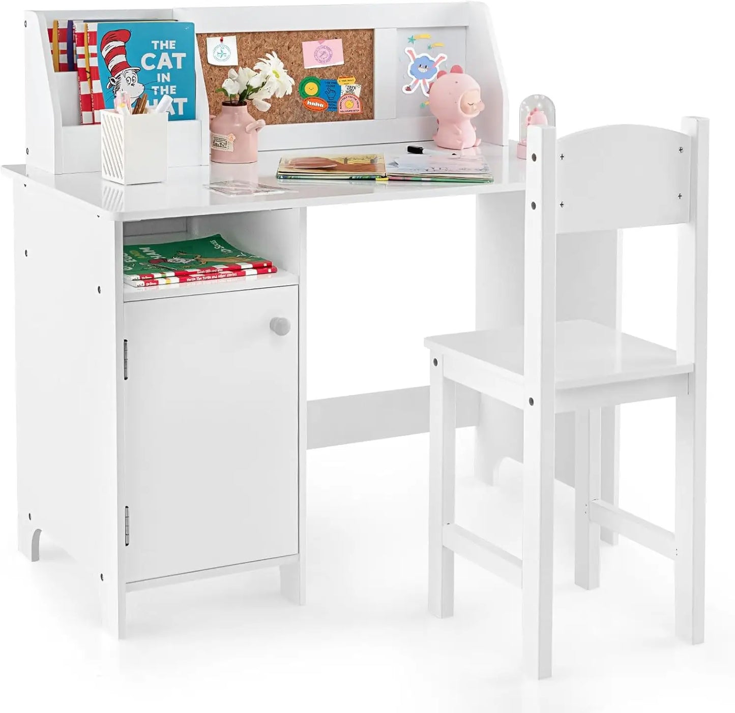 Kids Desk and Chair Set Wooden Children School Study Table and Chair with Whiteboard Hutch and Storage Shelves for Ages 3 and Up White