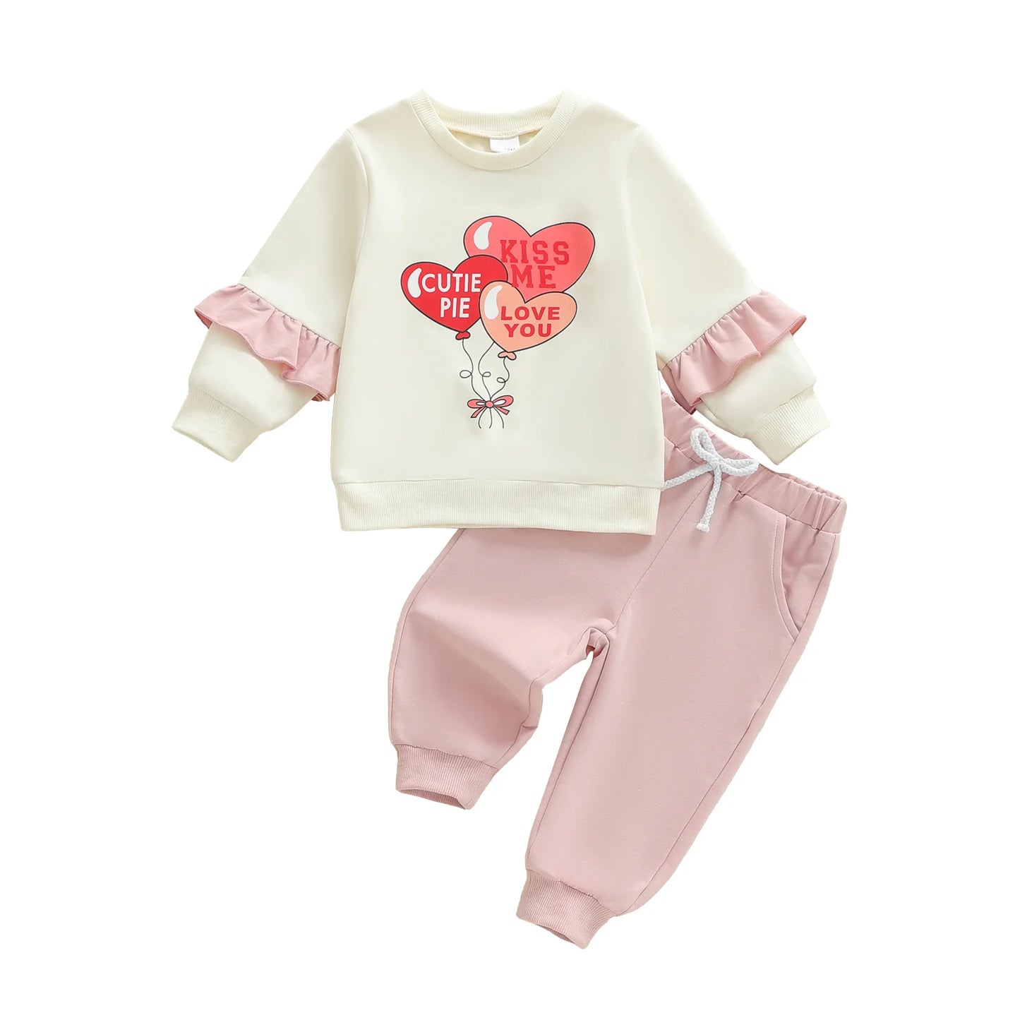 Valentine's Day Toddler Girl Heart Print Long Sleeve Sweatshirt Pants Set