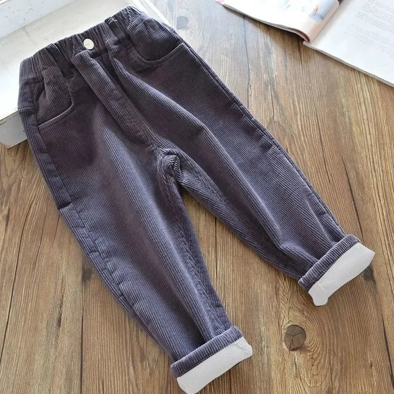 Kids Corduroy Warm Pants For Autumn Winter Unisex High Waist 1 To 9 Years