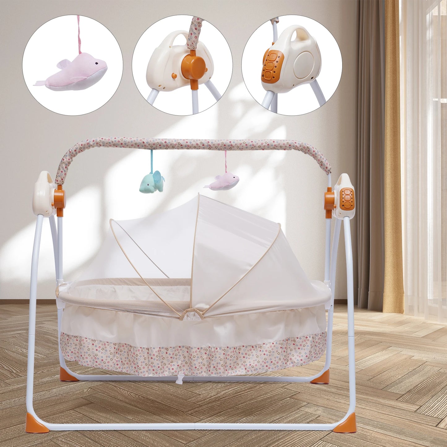 Cradle Swing Sleeping Bed Auto Rocking Chair 5 Speed Stand Baskets Musical Sleep Basket Khaki
