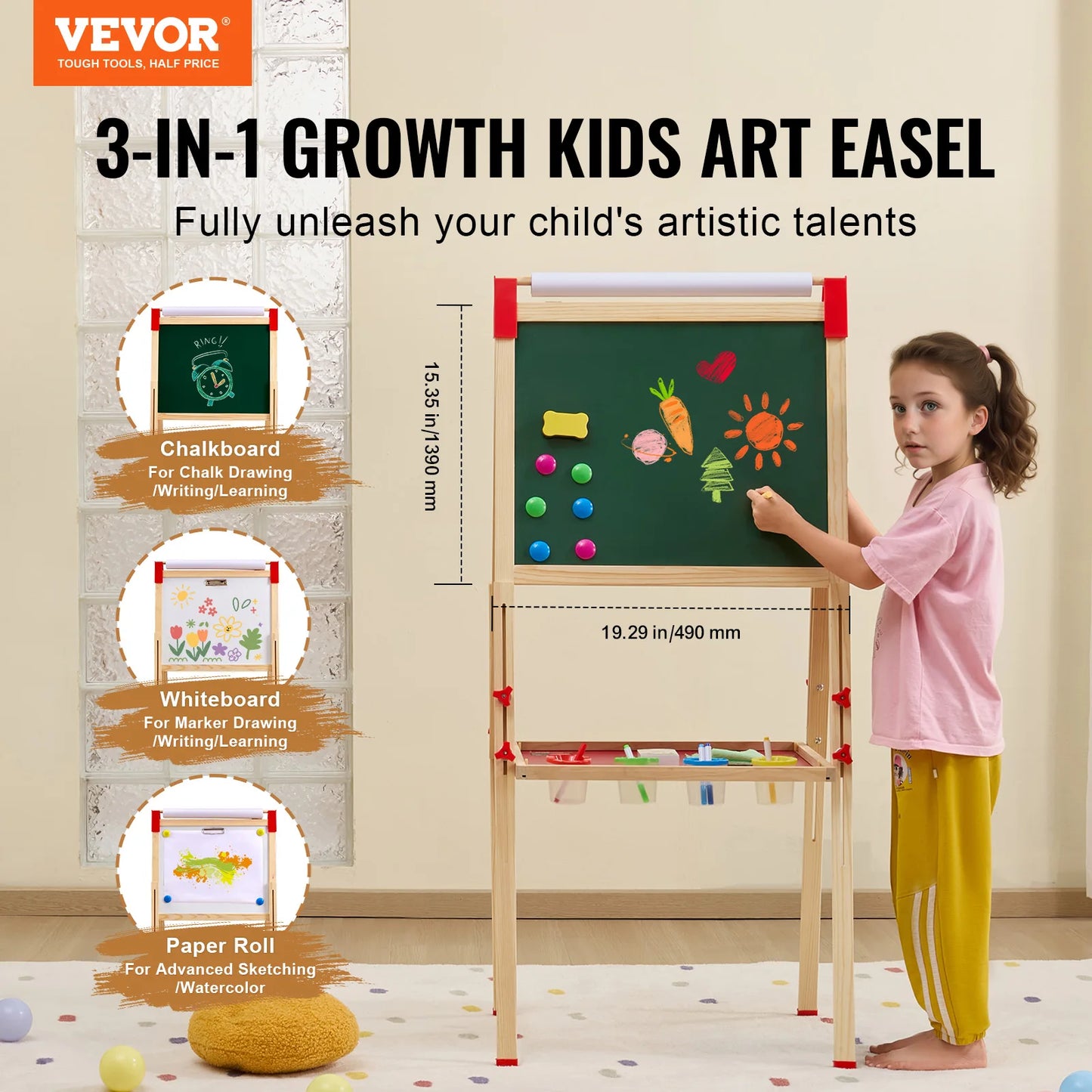 Vevor Children Magnetic Drawing Board Wooden Double-Sided Kids Art Easel with Whiteboard and Chalkboard for Boys and Girls Gifts Toys