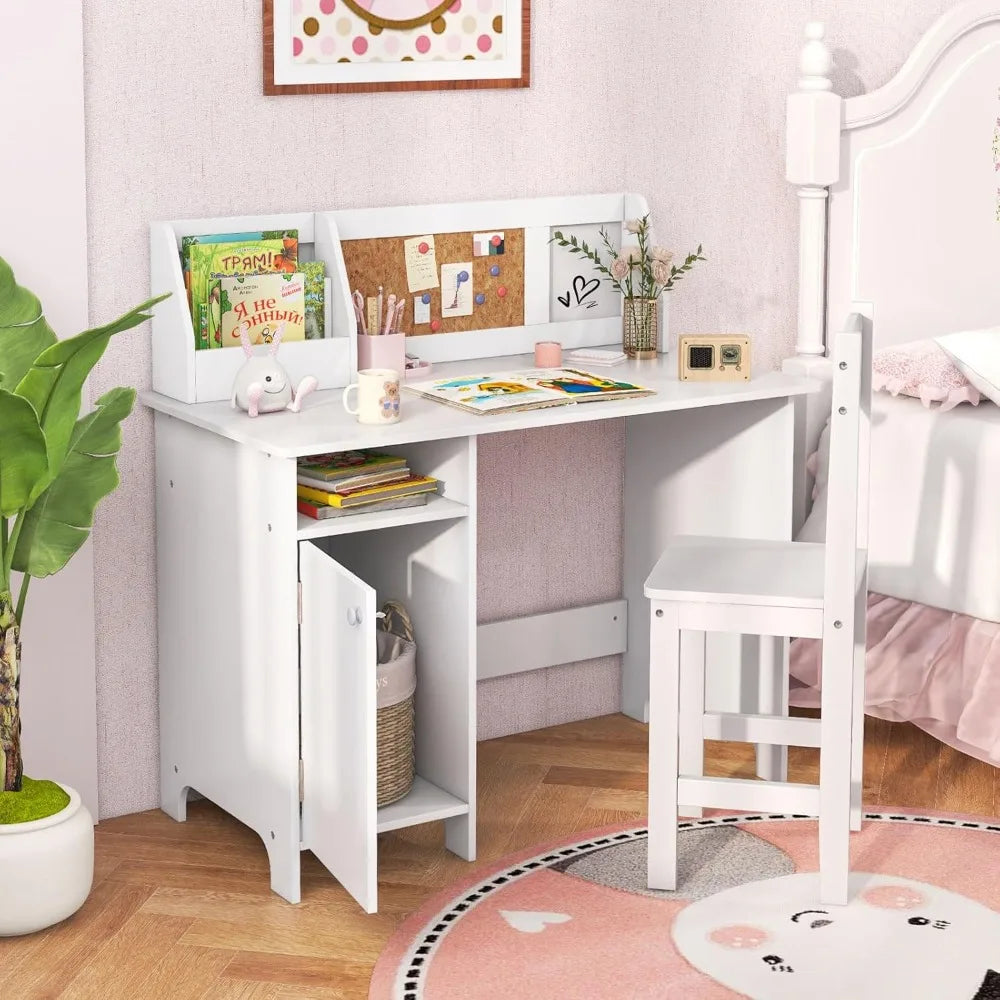 Kids Desk and Chair Set Wooden Children School Study Table and Chair with Whiteboard Hutch and Storage Shelves for Ages 3 and Up White