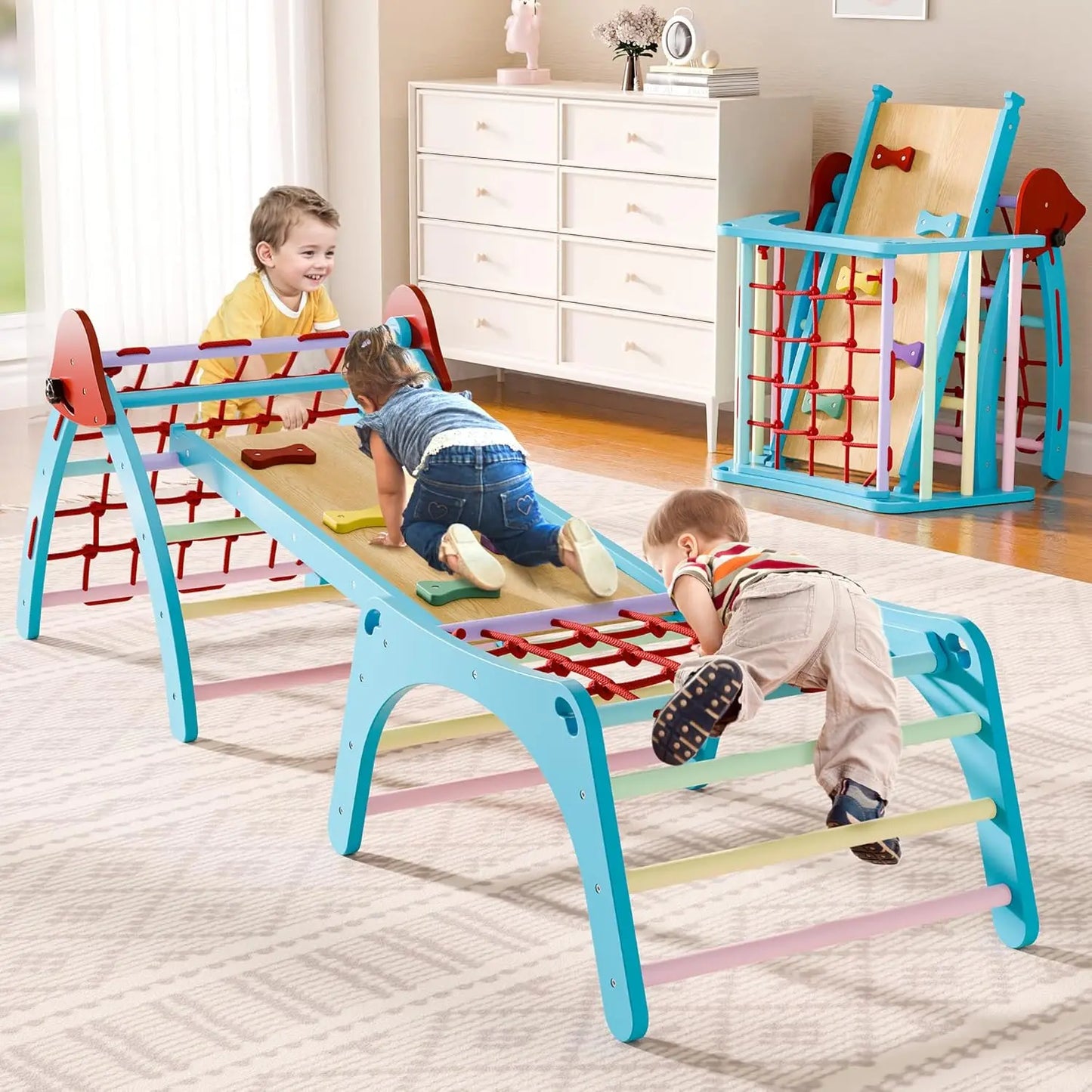Pikler Triangular Set Foldable Wooden Climbing Gym Indoor Playground 6 in 1 Pikler Triangle for Toddlers