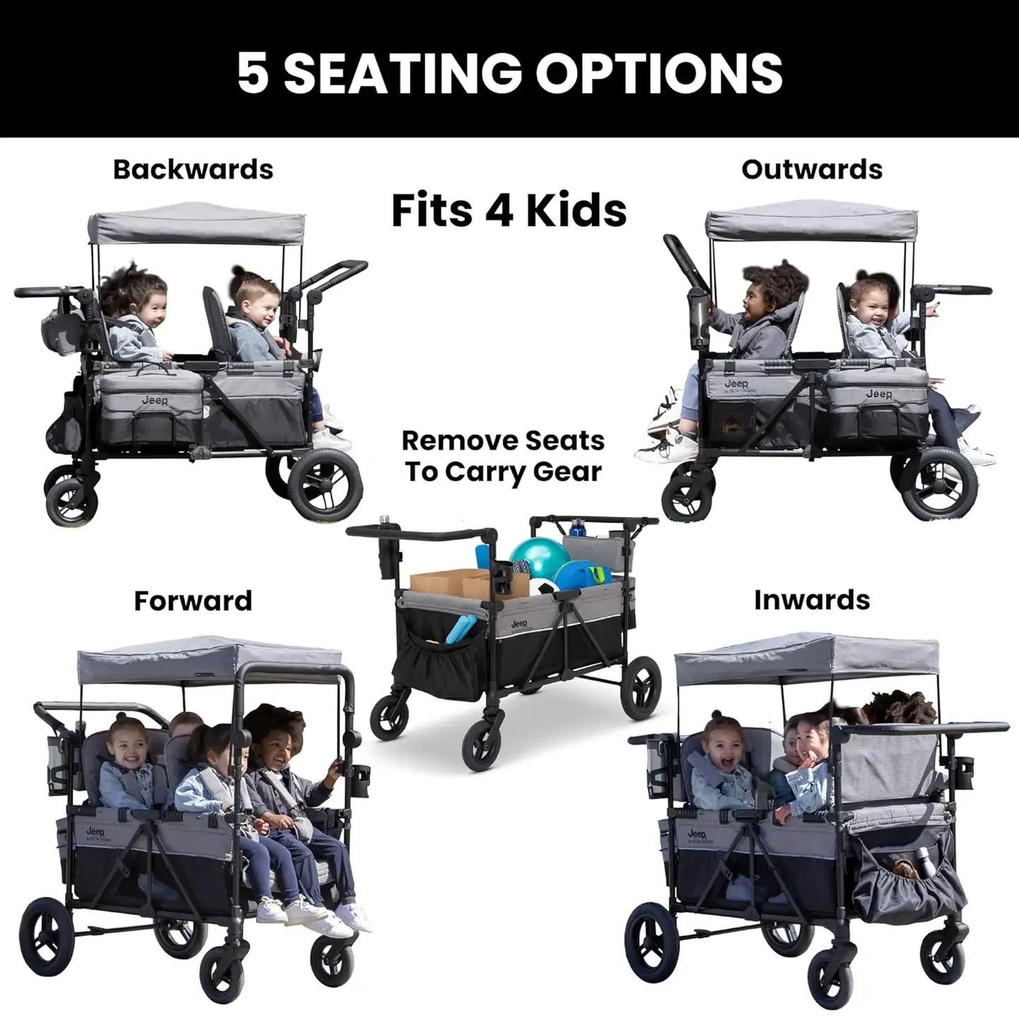 Deluxe 4 Seater Stroller Wagon Premium Quad Stroller for 4 Kids with Convertible Seats Adjustable Push Pull Handles Removable Canopy Flat Fold Grey
