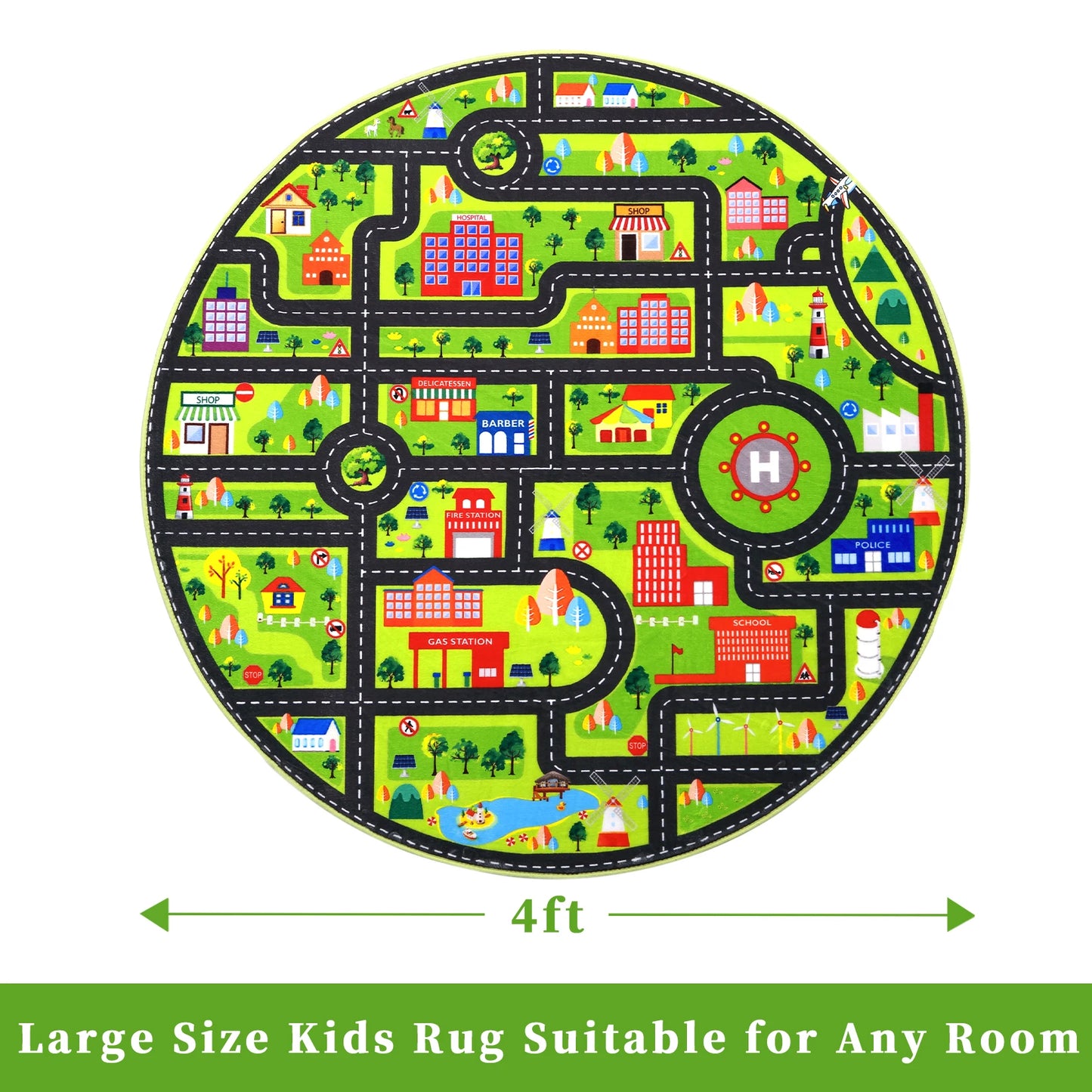 Round 4Ft Kids Rug Playroom Car Mat City Road Map For Cars