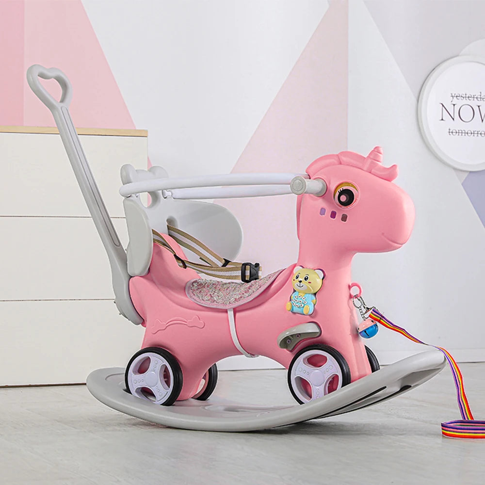 Toddler Rocking Horse Balance Bike Ride On Toy With Push Handle Backrest And Balance Board For Boys And Girls