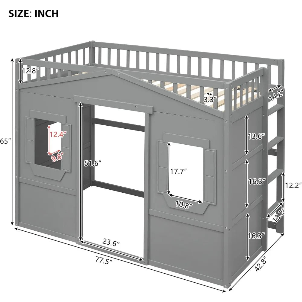 Twin Size Loft Bed With Play House And Ladders For Kids
