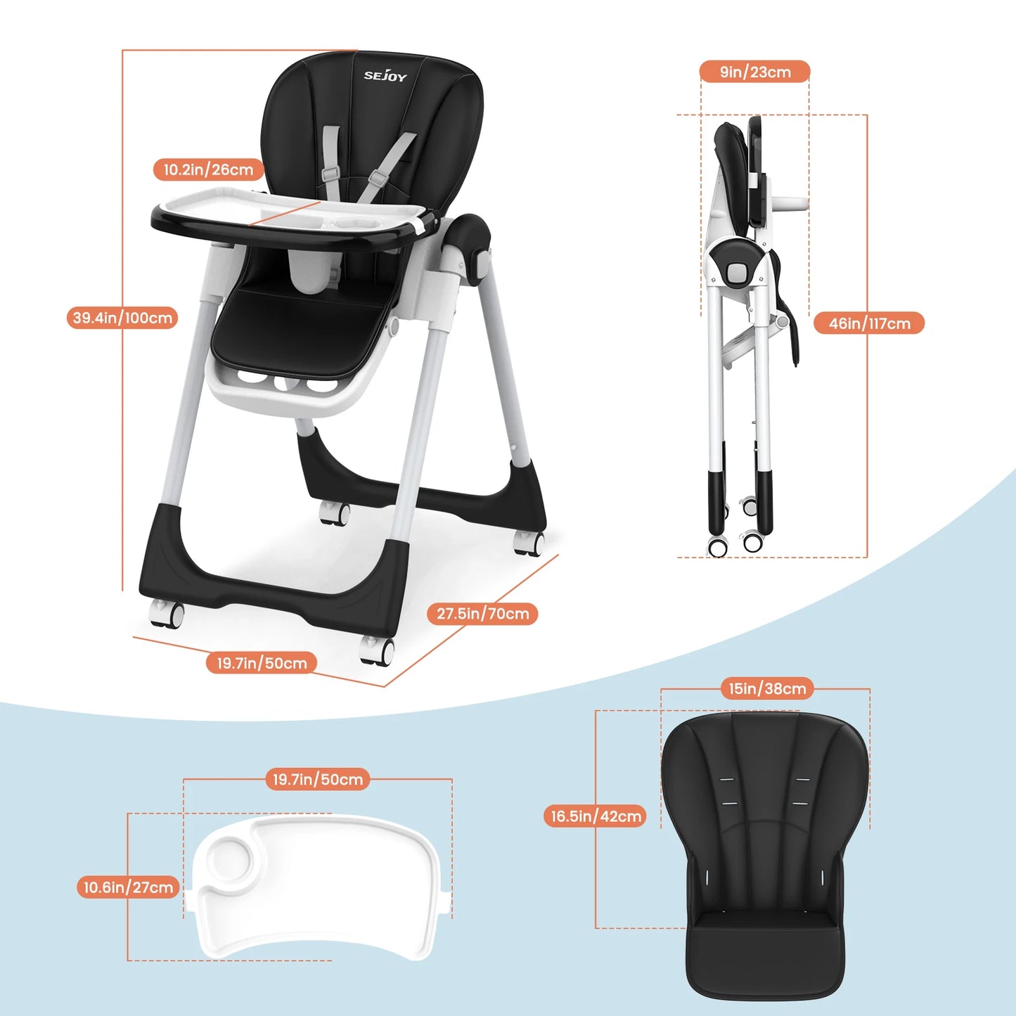 Sejoy Adjustable Baby High Chair with 5 Point Harness 3 Tier Tray and Wheels CE CPC Certified Children's Dining Chair