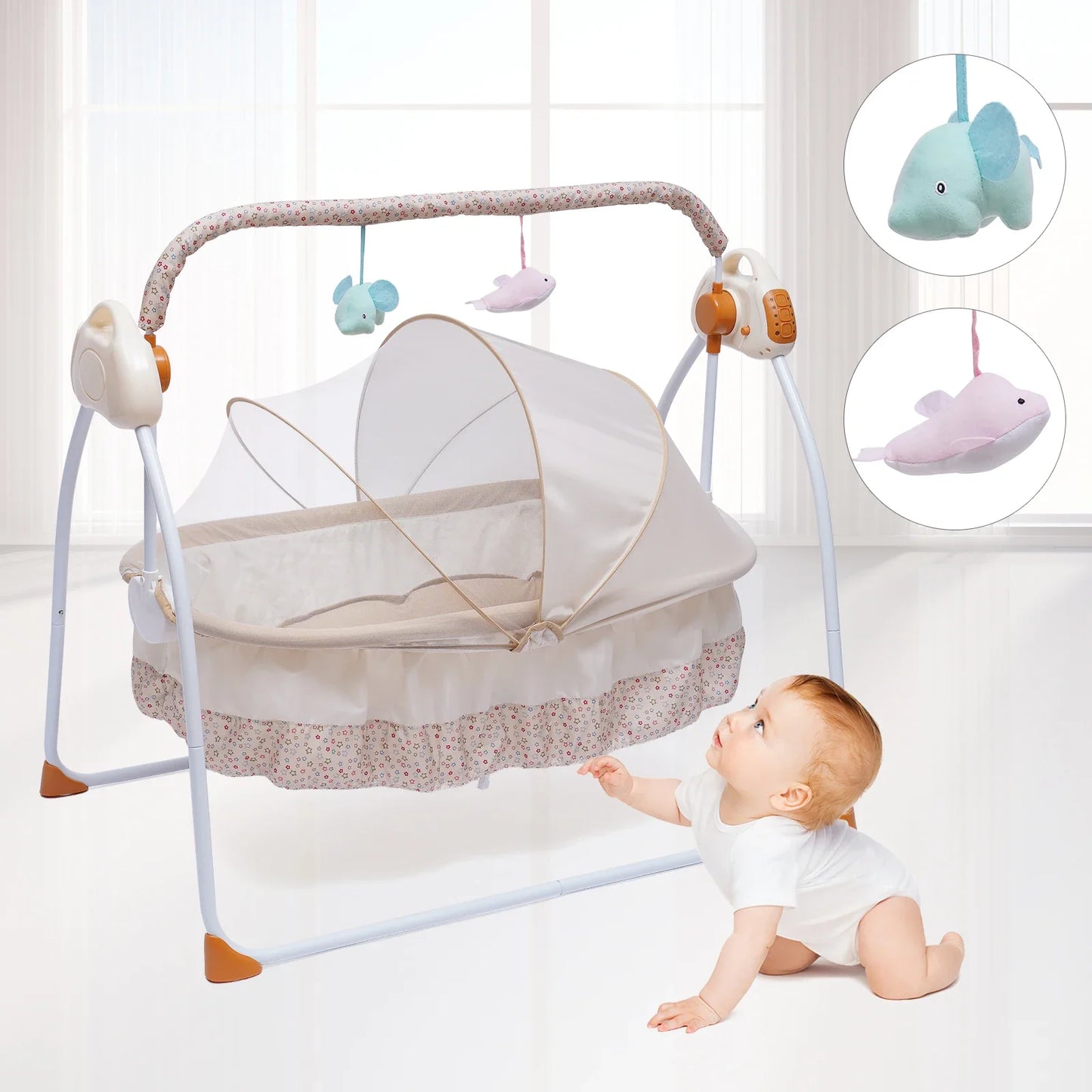 Cradle Swing Sleeping Bed Auto Rocking Chair 5 Speed Stand Baskets Musical Sleep Basket Khaki