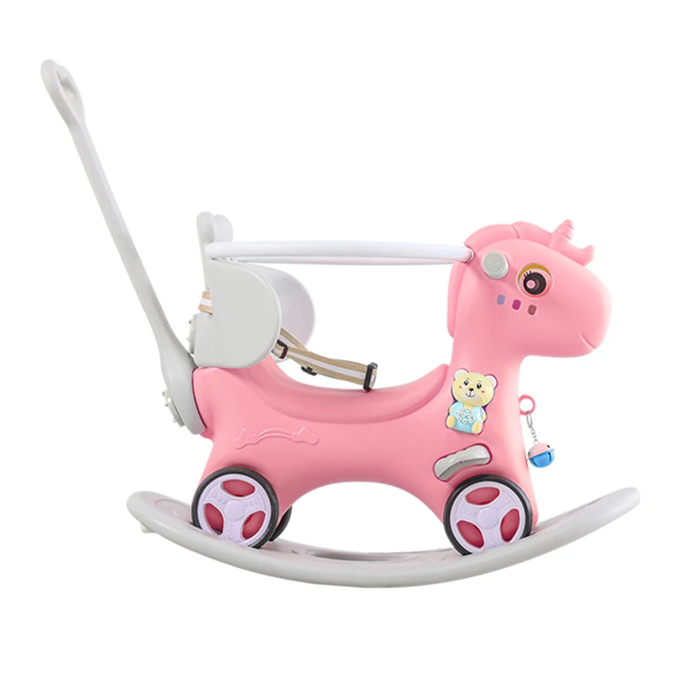 Toddler Rocking Horse Balance Bike Ride On Toy With Push Handle Backrest And Balance Board For Boys And Girls