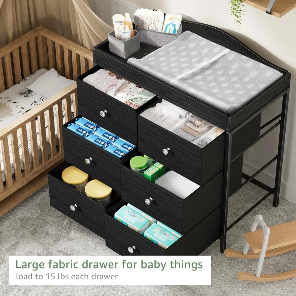 Black Changing Table Dresser With Six Fabric Drawers