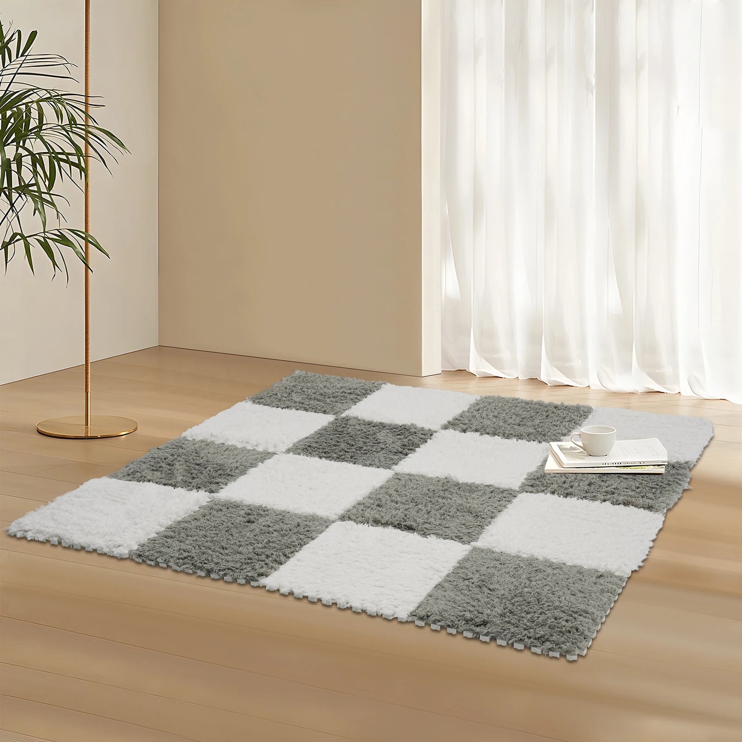 Fluffy Square Rugs 16Pcs Gray White Floor Mats For Kids