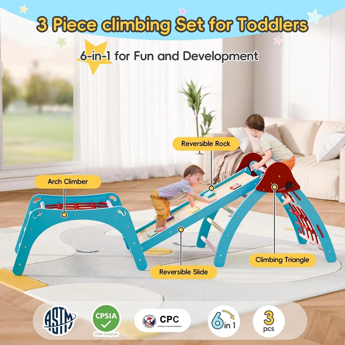 Pikler Triangular Set Foldable Wooden Climbing Gym Indoor Playground 6 in 1 Pikler Triangle for Toddlers