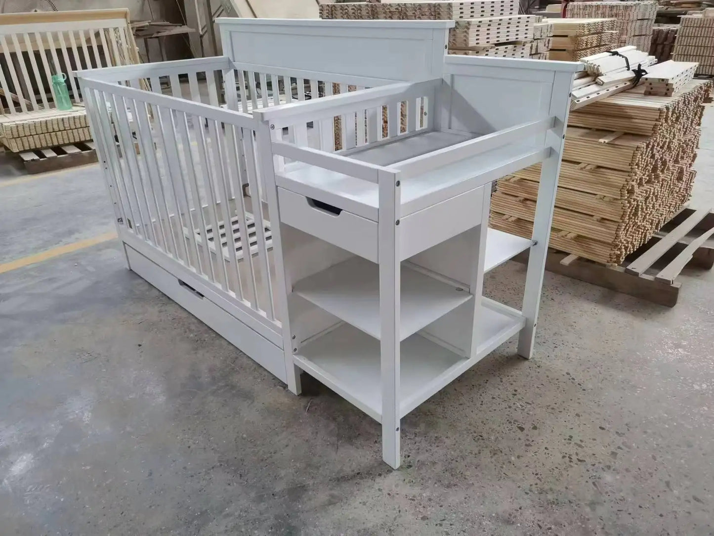 Kids Baby Cot Bed with Drawers and Diaper Hanging Storage Crib