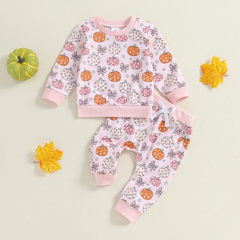 Infant Girls Halloween Pumpkin Patterned Top and Pants Set