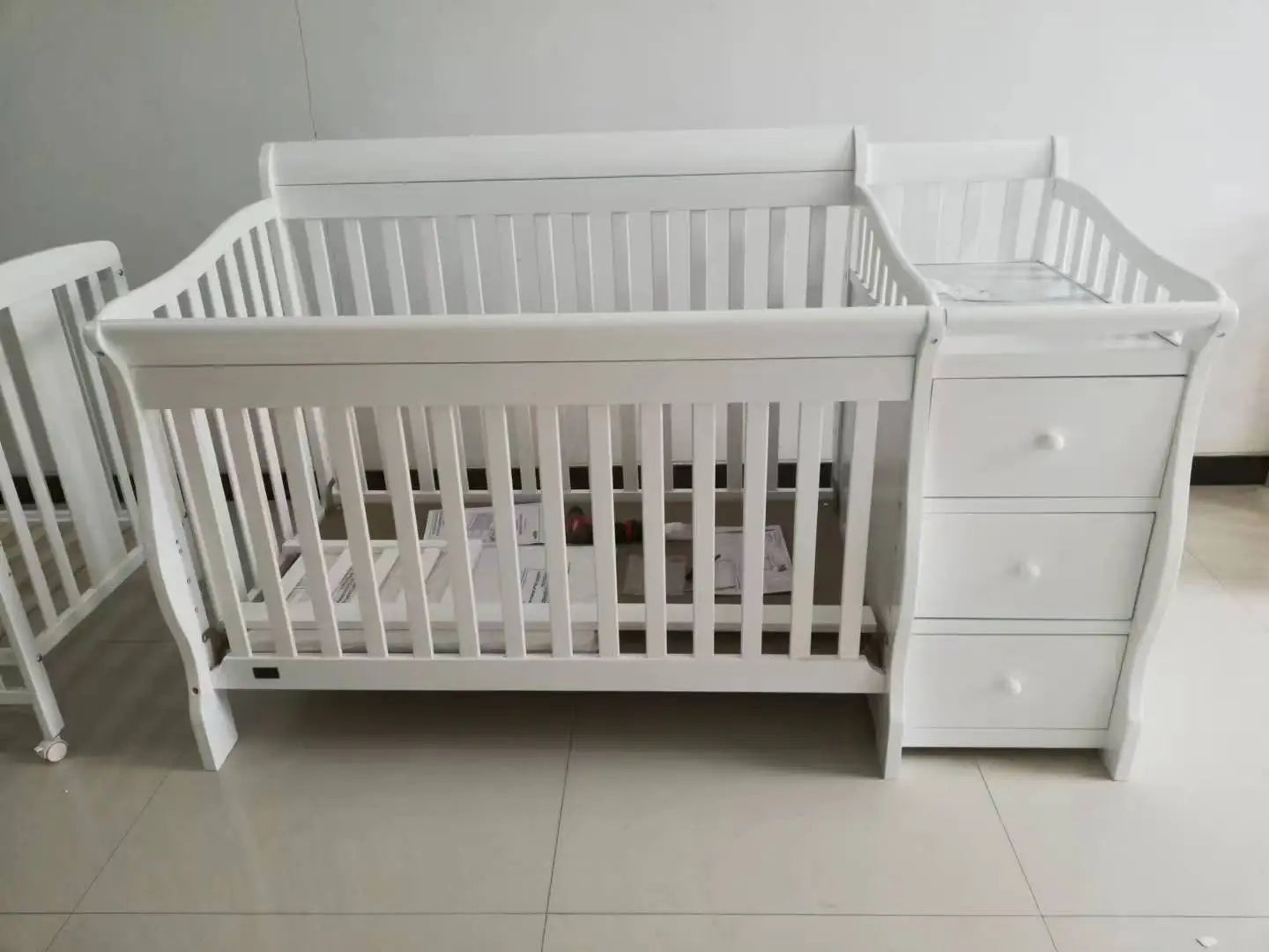 Kids Baby Cot Bed with Drawers and Diaper Hanging Storage Crib