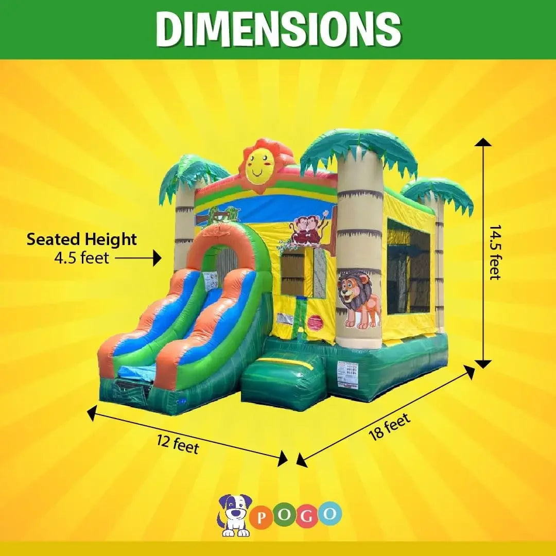 Inflatable Bounce House with Slide for Kids 12 x 12 x 18 Foot Backyard Tropical Jungle Castle Smiley Face Combo Bouncer