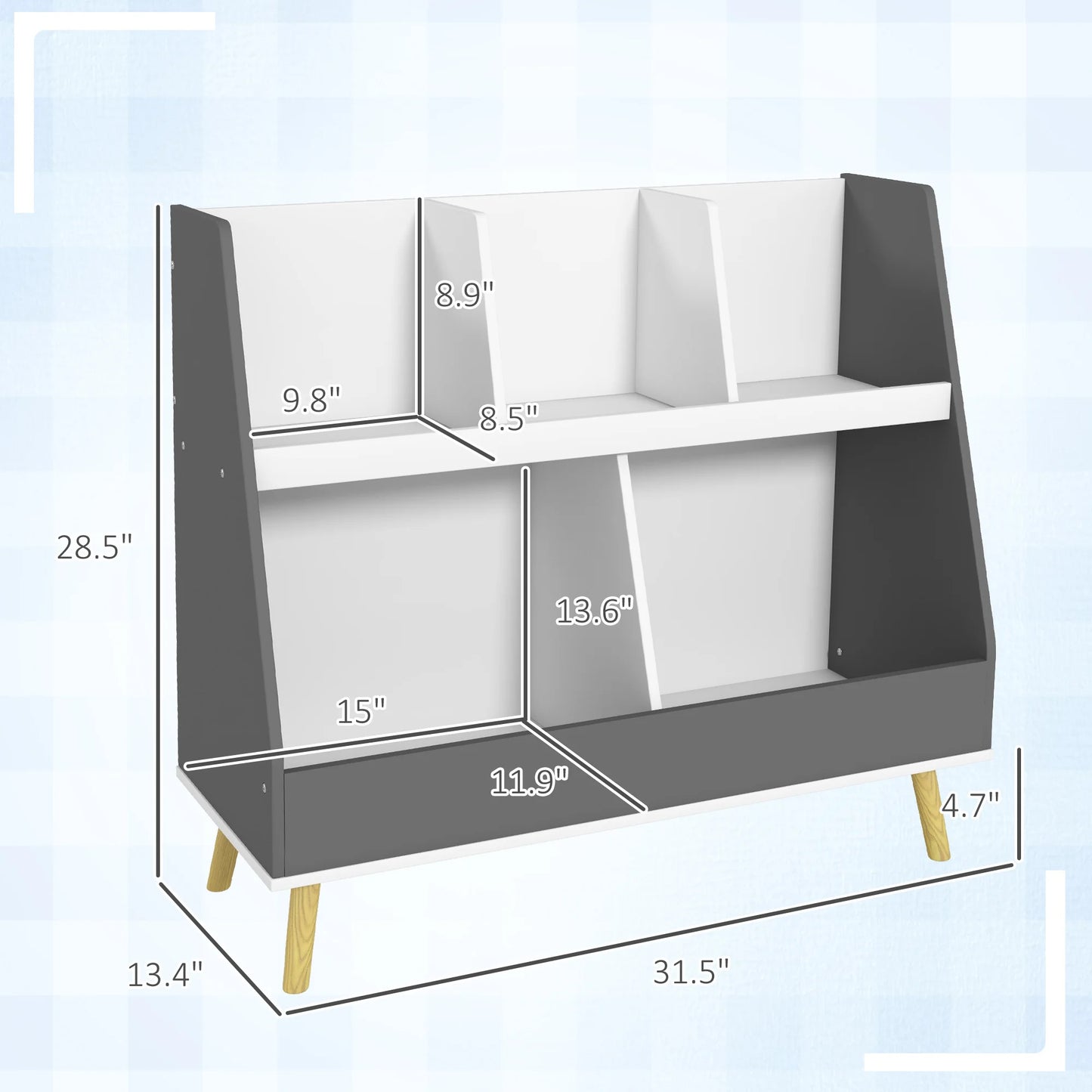 2 Tier Kids Bookcase Toy Shelf with 5 Compartments Gray