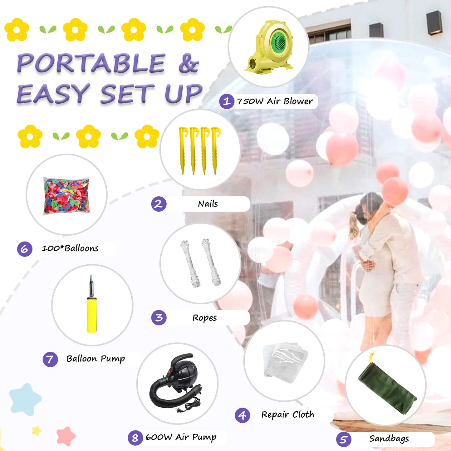 Inflatable 3M 10FT PVC Bubble House Toy for Children Outdoor Commercial Castle with 1100W Air Blower and 100 Balloons