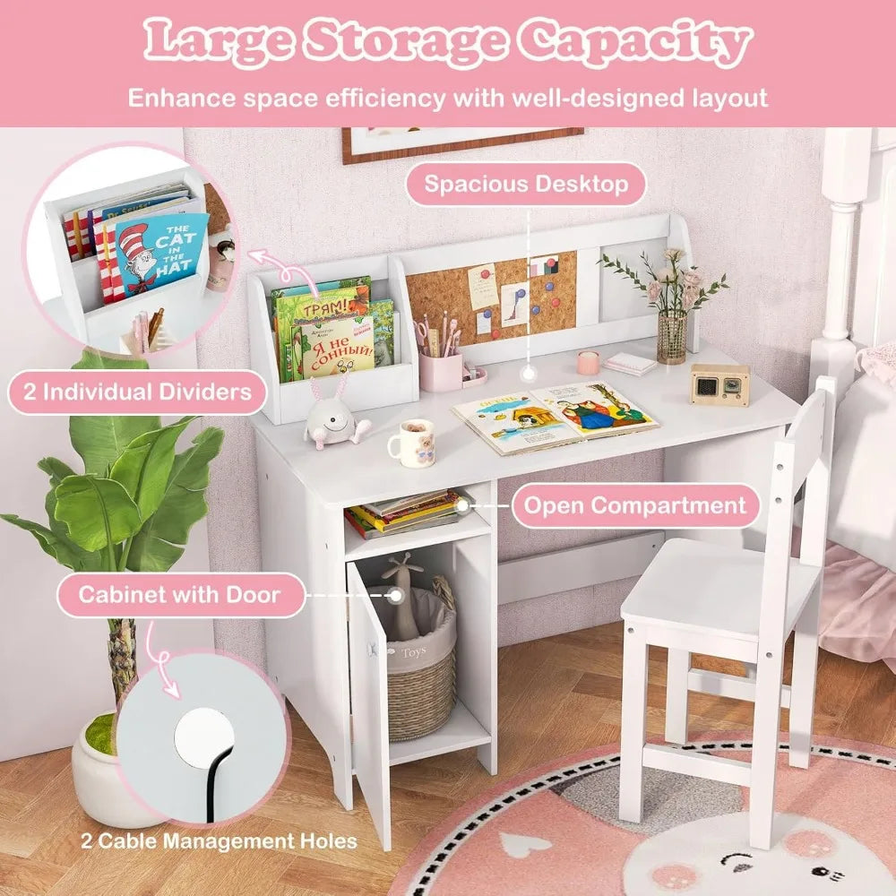 Kids Desk and Chair Set Wooden Children School Study Table and Chair with Whiteboard Hutch and Storage Shelves for Ages 3 and Up White