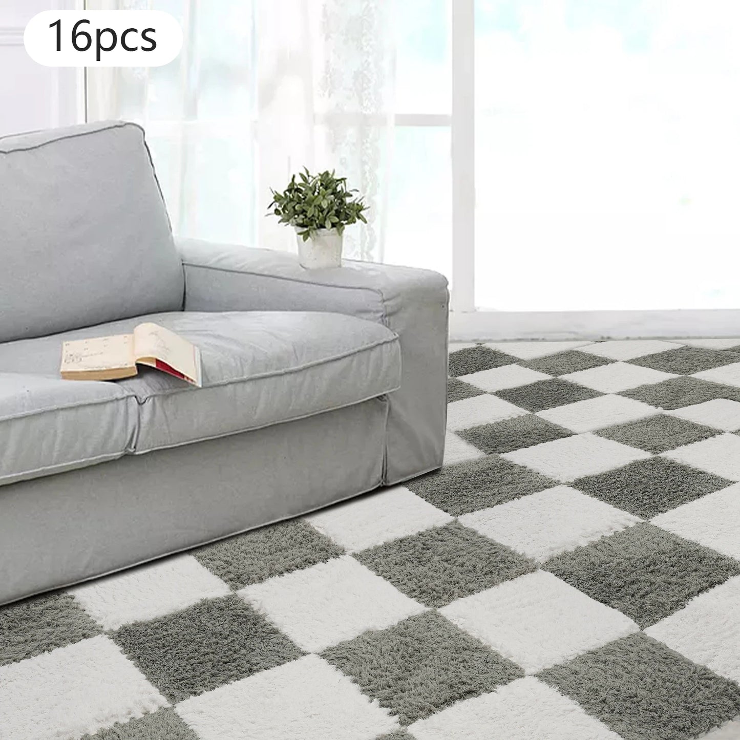 Fluffy Square Rugs 16Pcs Gray White Floor Mats For Kids