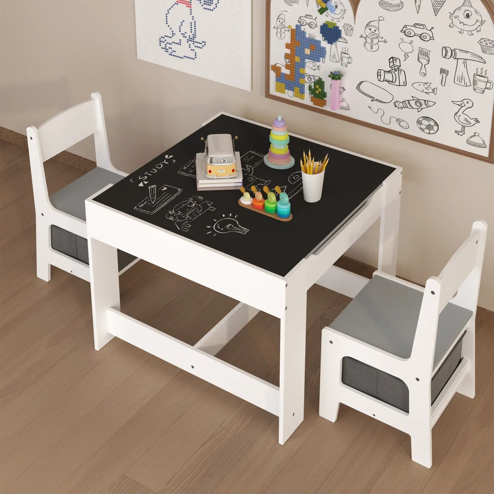 Kids Table And Chair Set 3 In 1 Wooden Table With Storage