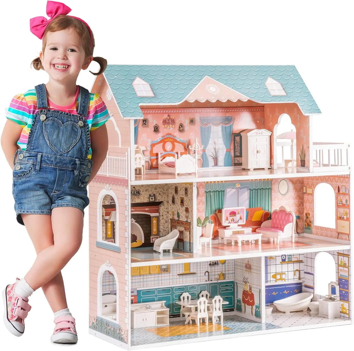 Robotime Robud Lady Wooden Dollhouse 3 Story with Balcony 28 Accessories Toy Gift for Girls Age 3 Years and Up