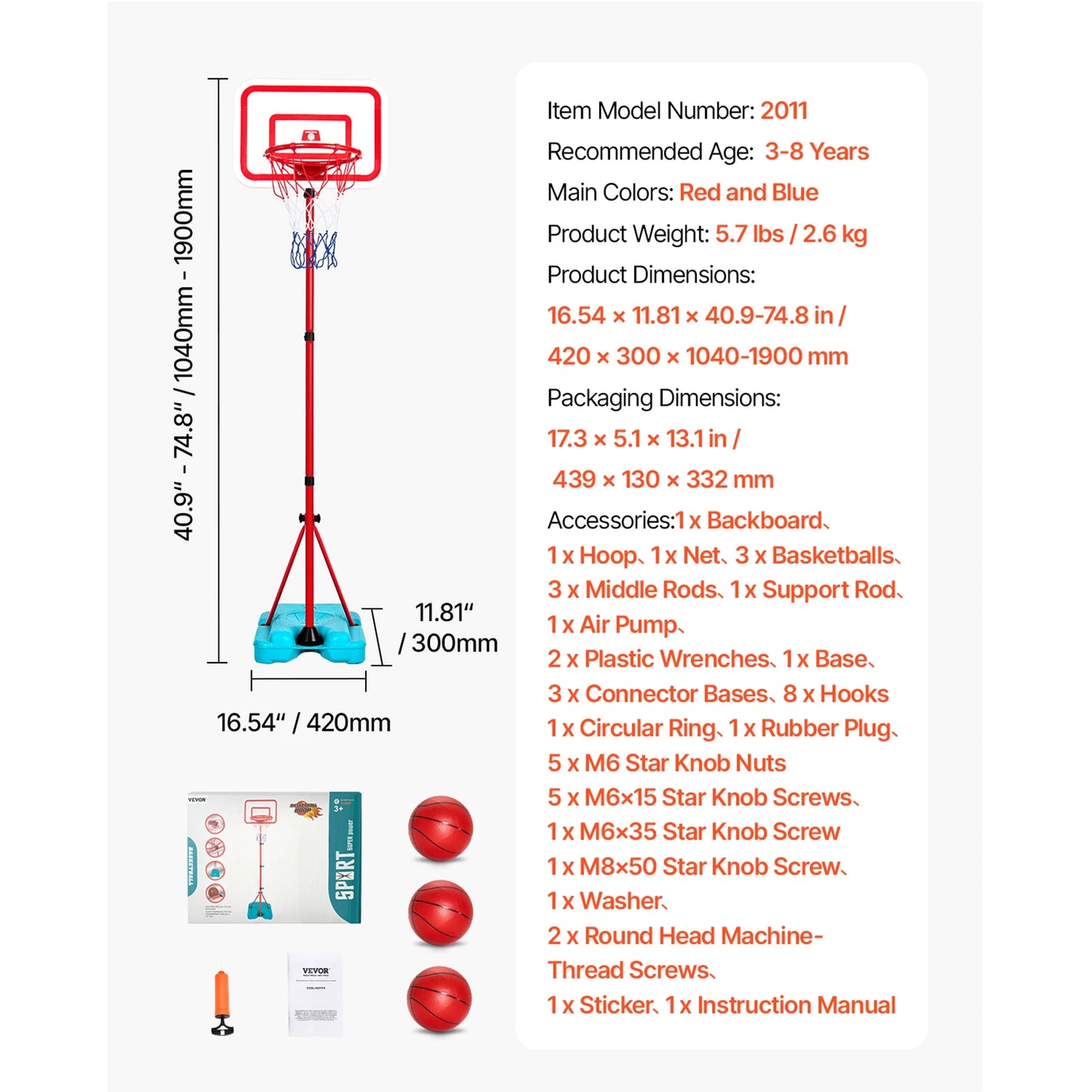 Vevor Adjustable Basketball Hoop for Kids 104 to 190CM Indoor Outdoor Sports Equipment
