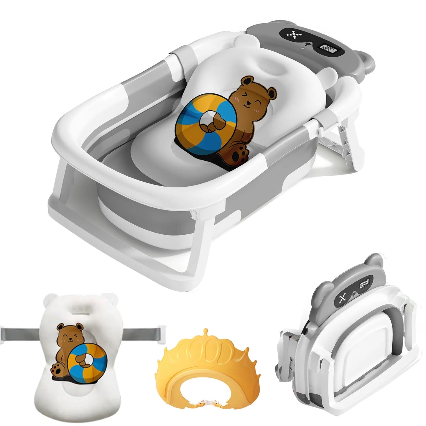 Baby Bath Tub with Bath Cushion Foldable Bathtub with Thermometer Shower Cap and Shower Brush for Newborn and Toddler 0 to 36 Months