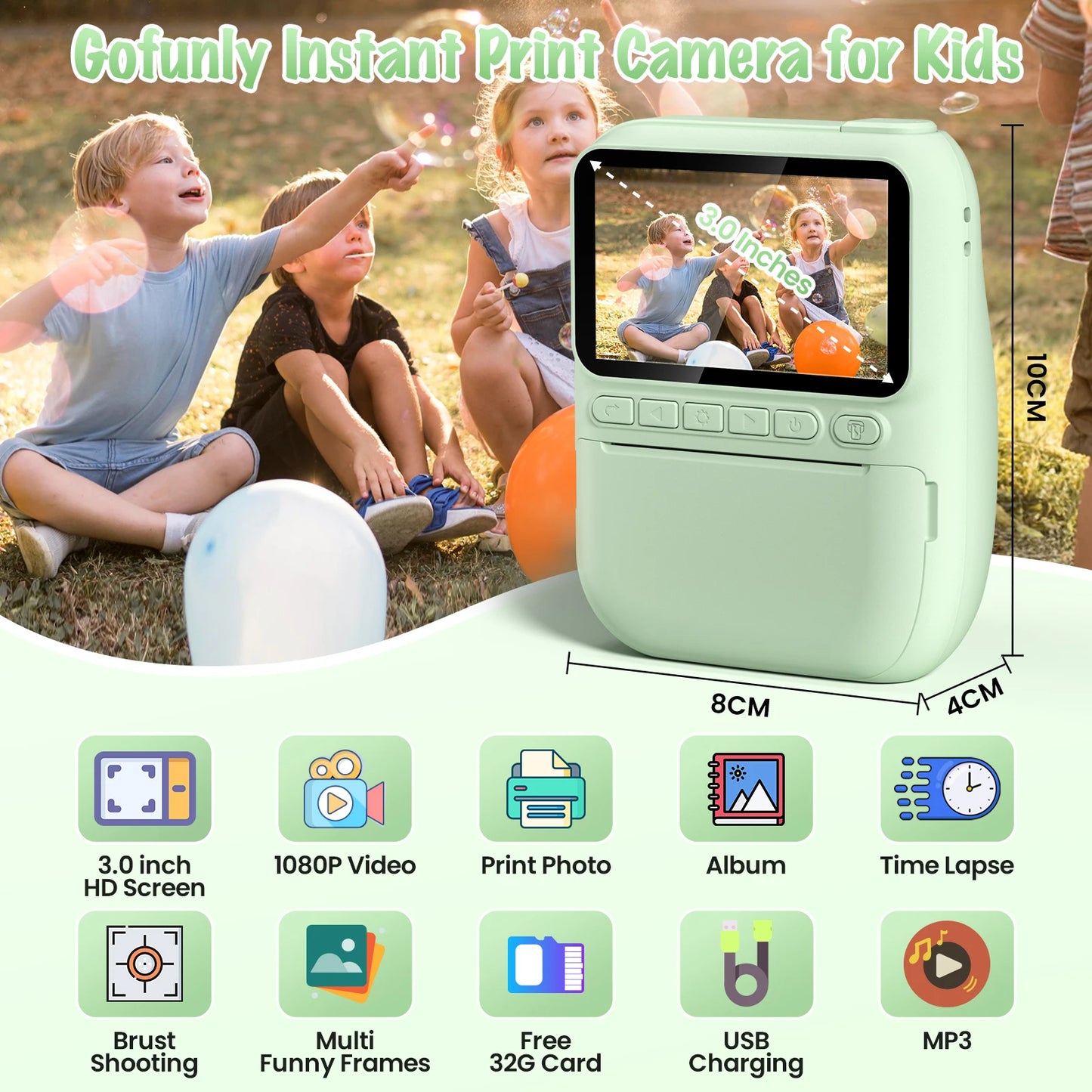 Gofunly Kids Instant Print Camera 3 Inch Mini Digital 1080P