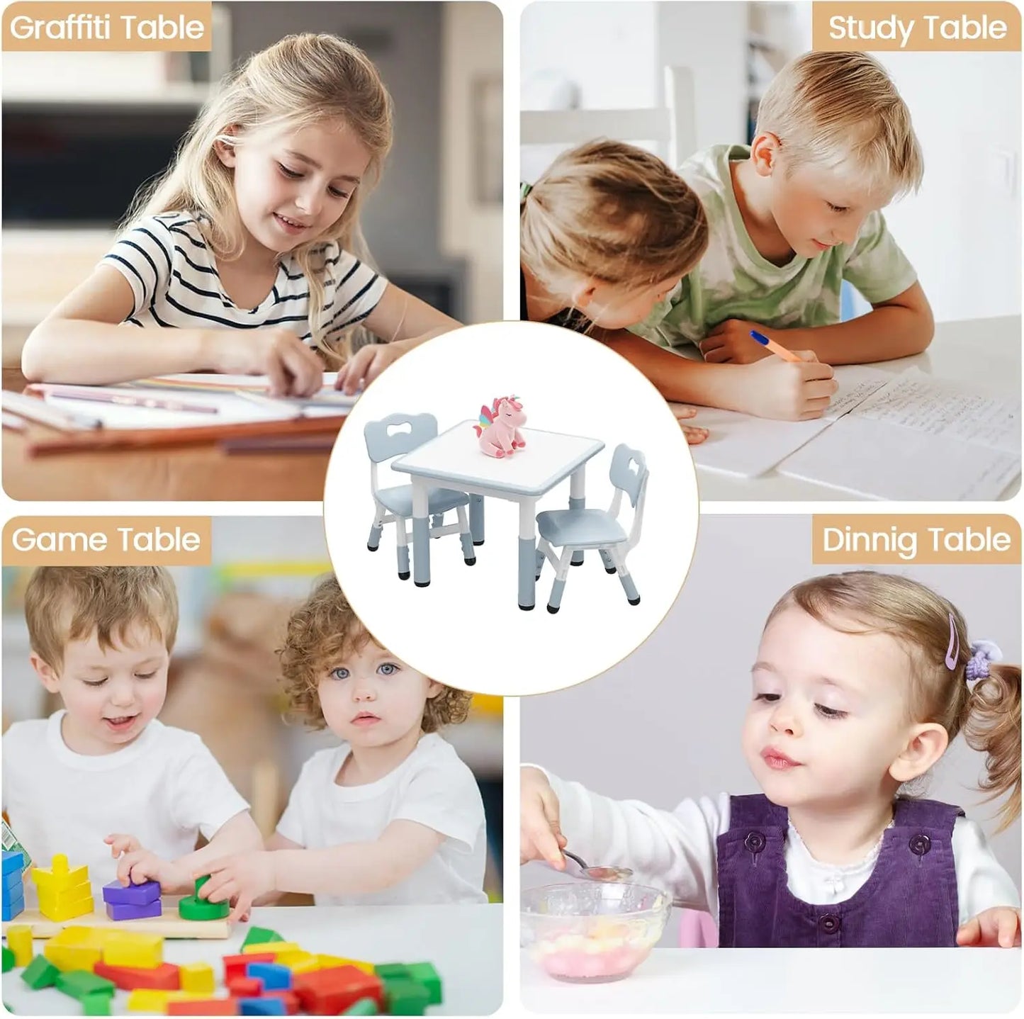 Kids Table And 2 Chairs Set With Graffiti Desktop Adjustable