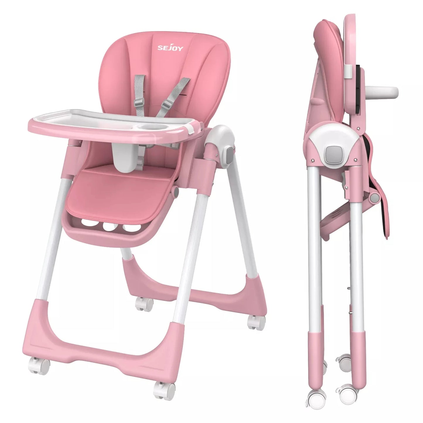 Sejoy Adjustable Baby High Chair with 5 Point Harness 3 Tier Tray and Wheels CE CPC Certified Children's Dining Chair