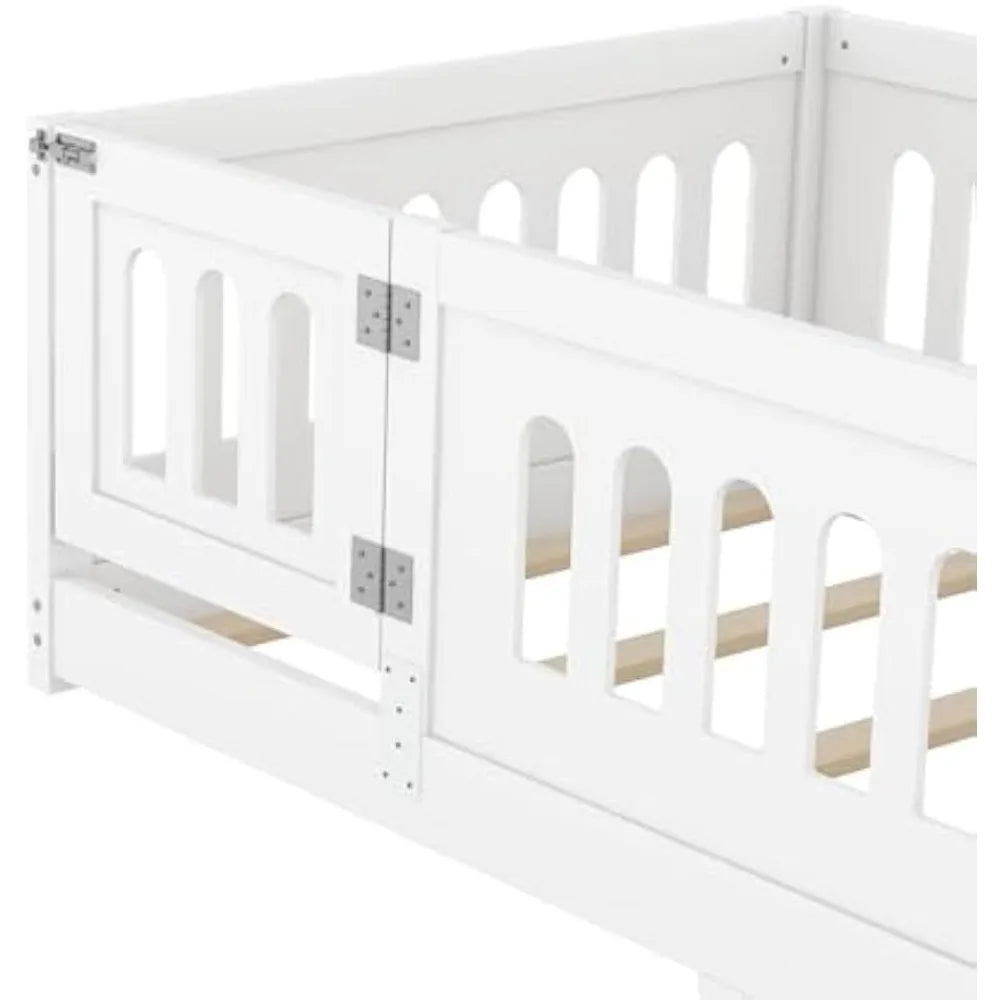 Twin Floor Bed With Slats In Solid Wood Guardrails And Door