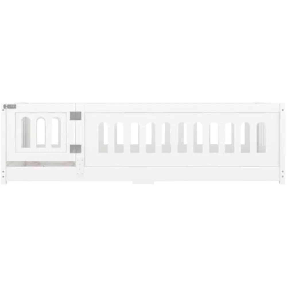 Twin Floor Bed With Slats In Solid Wood Guardrails And Door