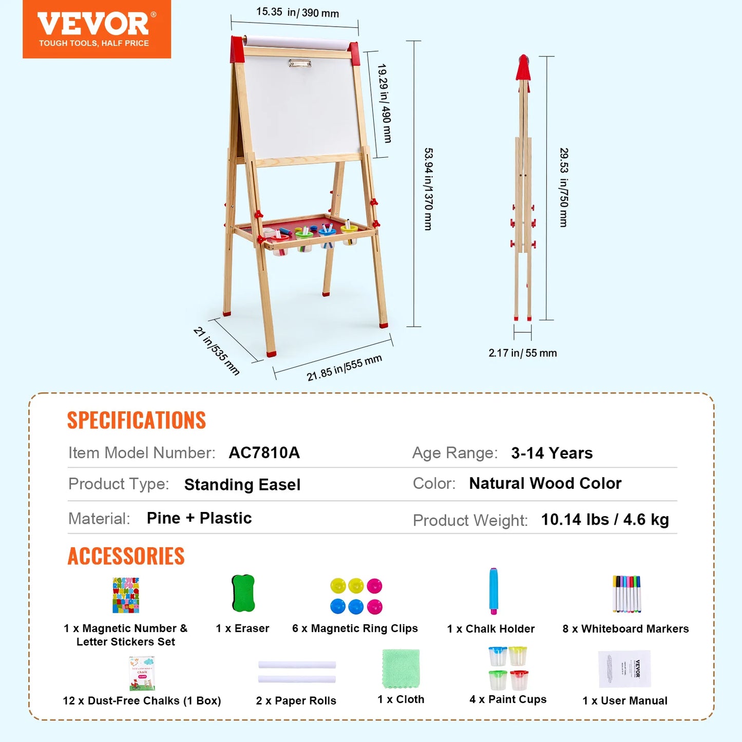 Vevor Children Magnetic Drawing Board Wooden Double-Sided Kids Art Easel with Whiteboard and Chalkboard for Boys and Girls Gifts Toys