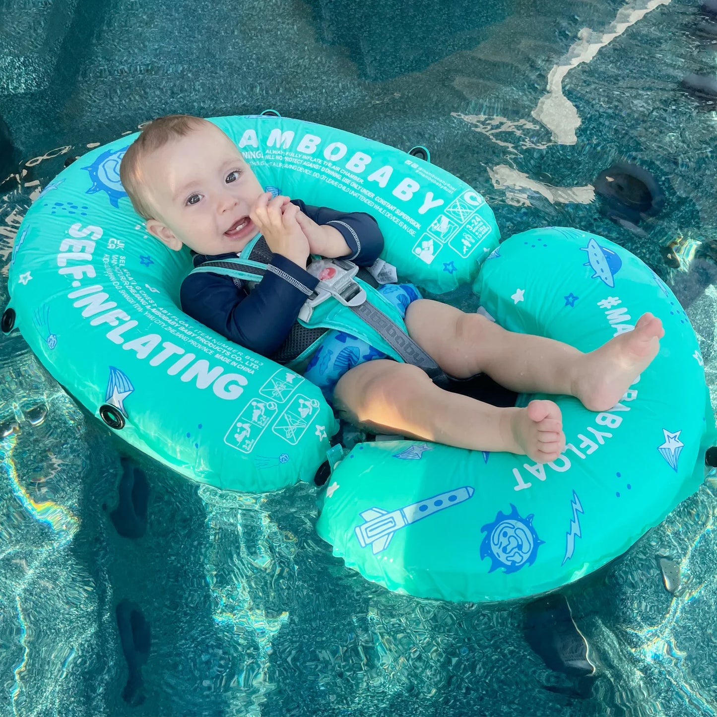 Heccrei Mambobaby Self Inflating Baby Swim Float with Canopy Compressible Folding Pool Float Waterproof Swim Trainer