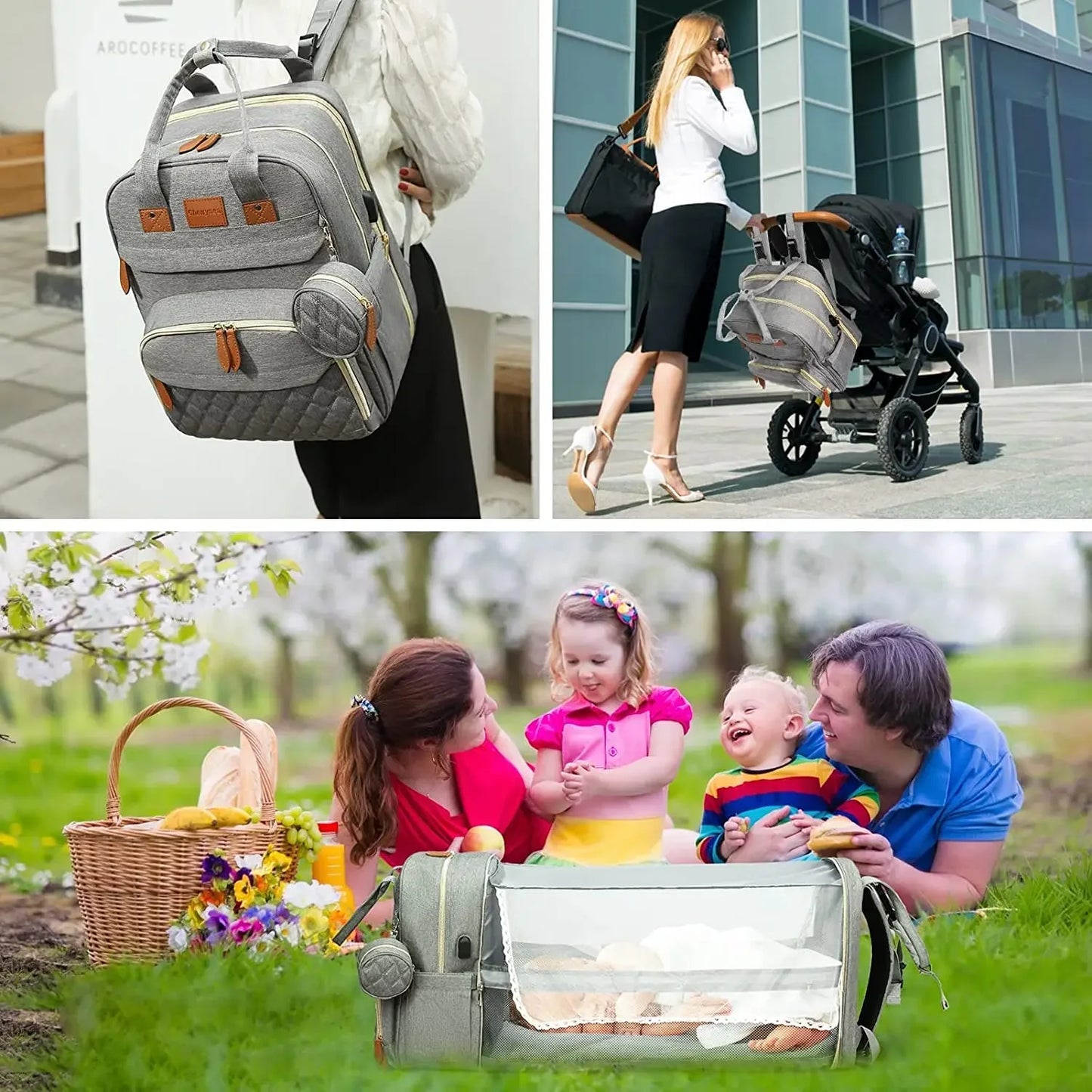 3 In 1 Diaper Bag Backpack Foldable Baby Bed Waterproof USB