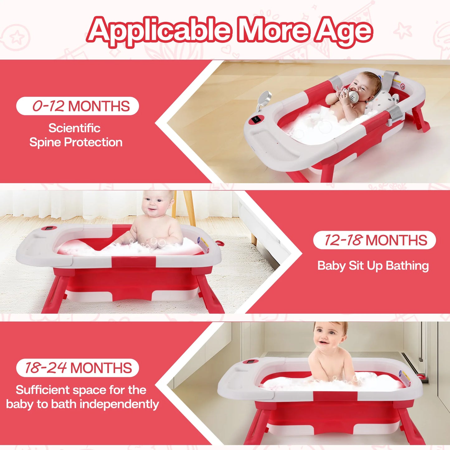 Baby Bathtub with Soft Cushion and Thermometer for Newborns to Toddlers 0 to 36 Months Portable Travel Baby Tub