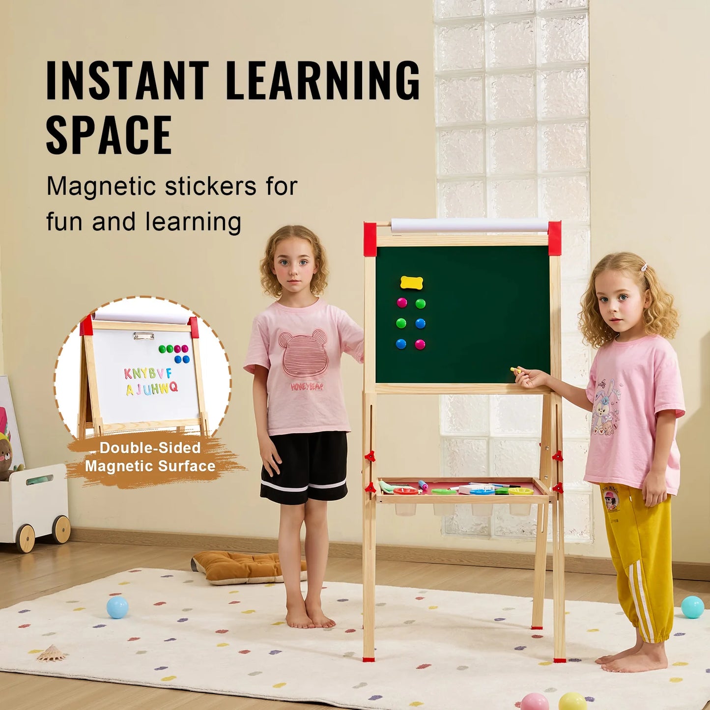 Vevor Children Magnetic Drawing Board Wooden Double-Sided Kids Art Easel with Whiteboard and Chalkboard for Boys and Girls Gifts Toys