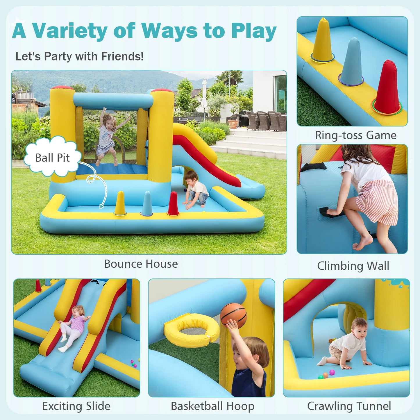 7-in-1 Giant Inflatable Bounce House with Slide Tunnel Basketball Hoop and Ring Toss Game