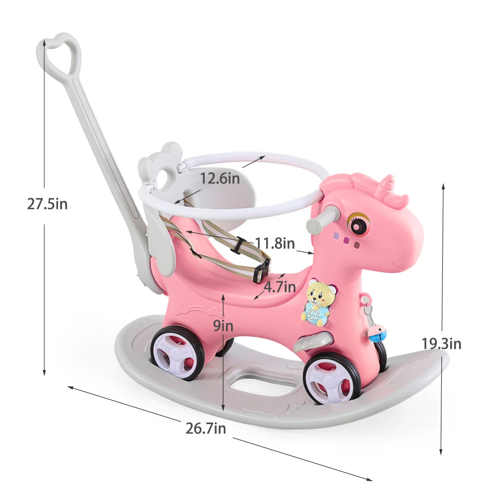 Toddler Rocking Horse Balance Bike Ride On Toy With Push Handle Backrest And Balance Board For Boys And Girls
