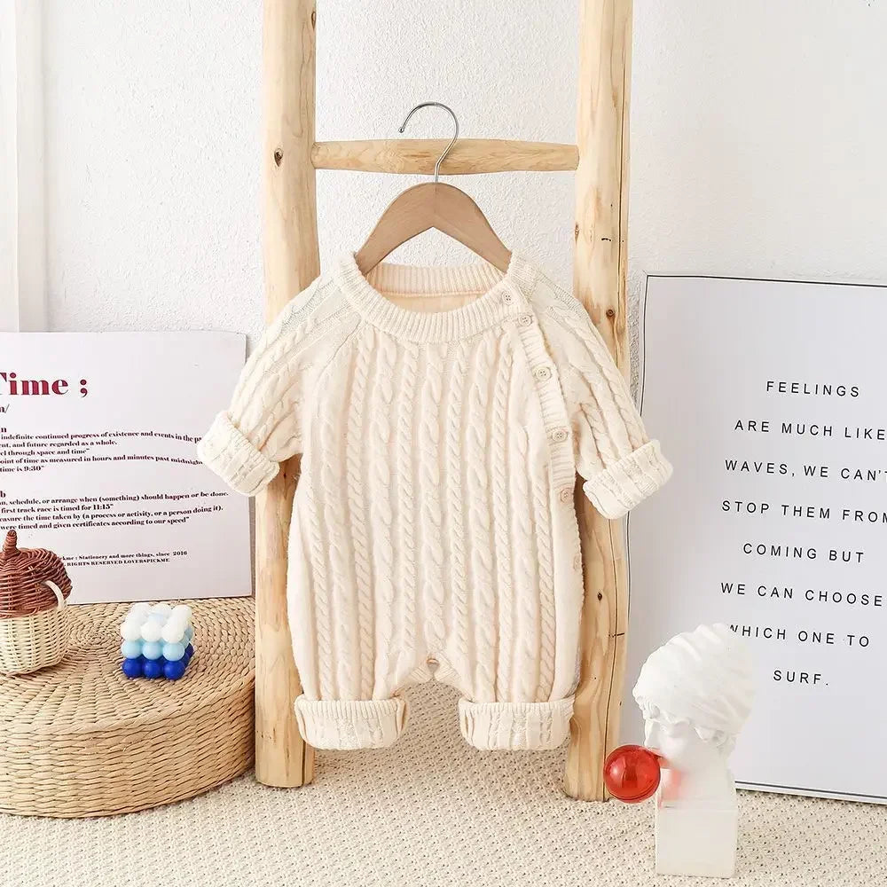 0 To 24M Unisex Baby Cable Knit Romper Warm Elastic Cuff Side Button Autumn