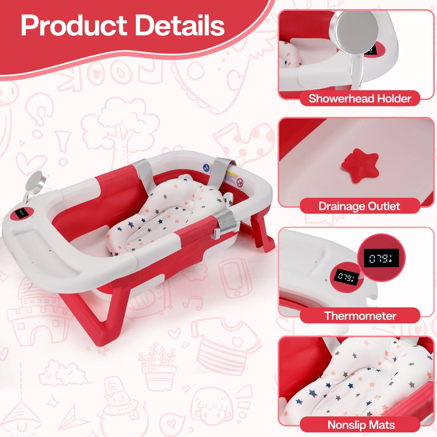 Baby Bathtub with Soft Cushion and Thermometer for Newborns to Toddlers 0 to 36 Months Portable Travel Baby Tub